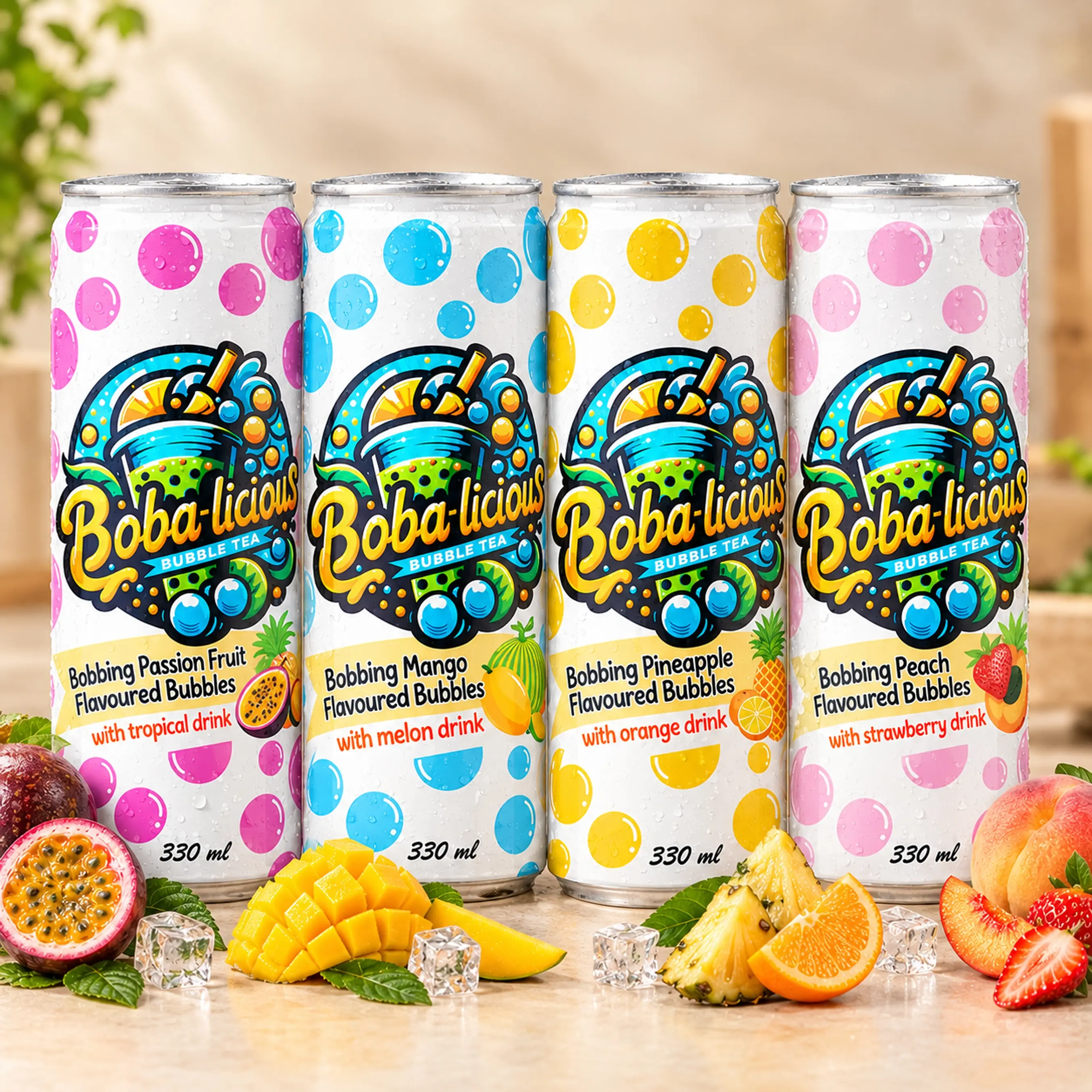 Bobalicious 330ml canned bubble tea range with pineapple, pink guava, strawberry, mango, lychee and peach flavours displayed with fresh fruits.